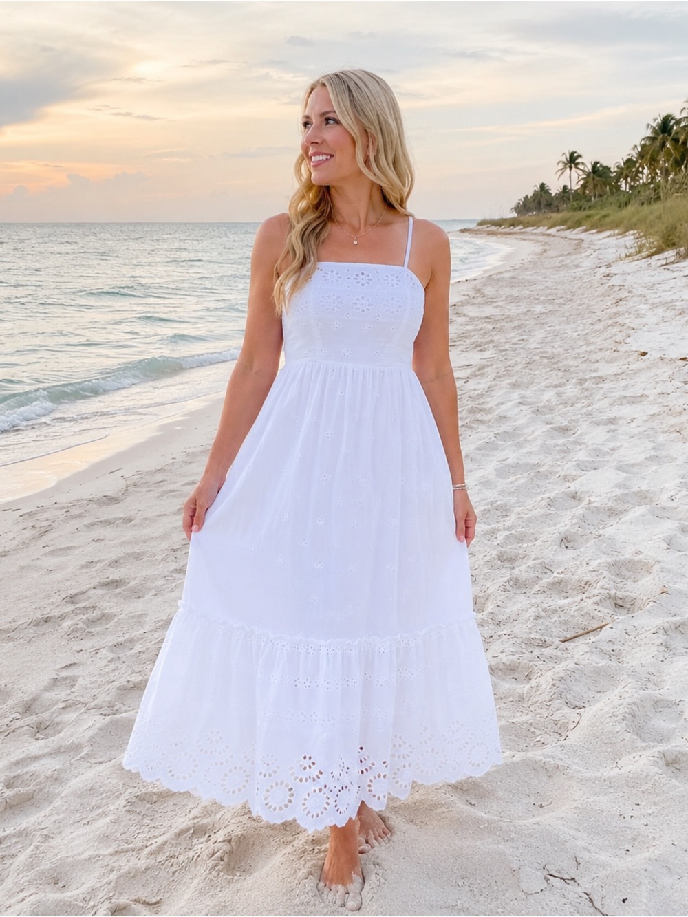 Japna White Eyelet Maxi Dress with Spaghetti Straps-100% Cotton